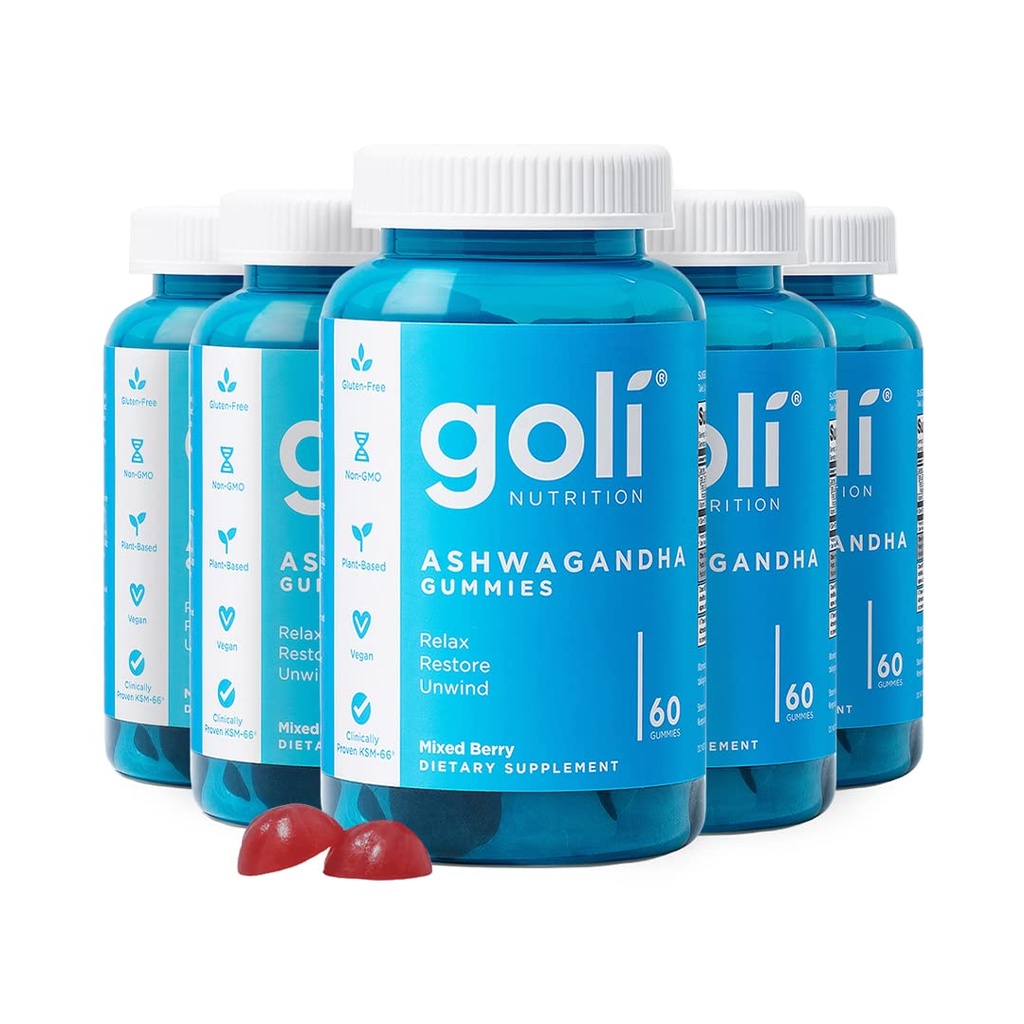 Goli Ashwagandha & D-vitamin Gummy - 300 Greve - Blandet berry, KSM- 66, Vegan, Plant Based, Non- GMO, Gluten- Free & Gelatine Free Relax. Gendan. Unwind, pakke med 5