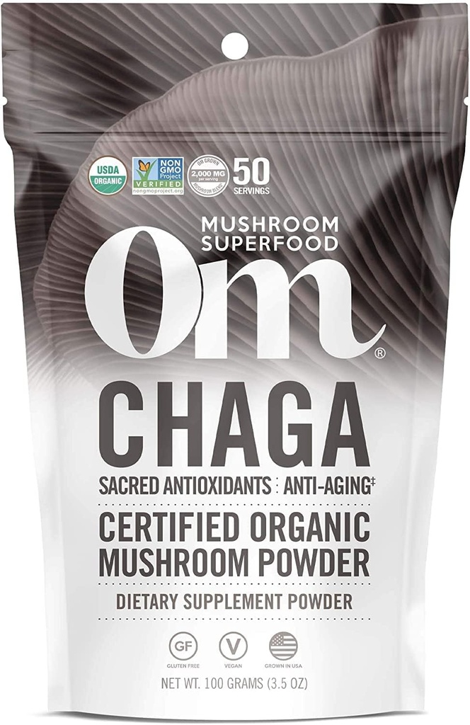 Om Mushroom Superfood Chaga Organic Mushroom Powder, 3.5 Ounce, 50 Servere, US Grown, Sacred Antioxidants & immunsupport, Superfood Mushroom Supplement