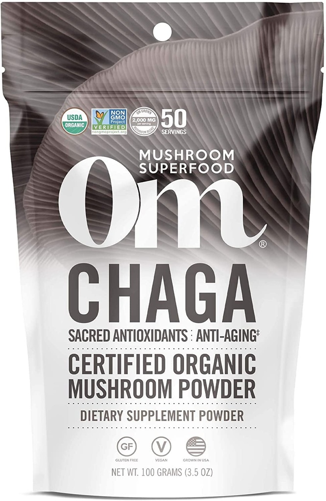 Om Mushroom Superfood Chaga Organic Mushroom Powder, 3.5 Ounce, 50 Servere, US Grown, Sacred Antioxidants & immunsupport, Superfood Mushroom Supplement