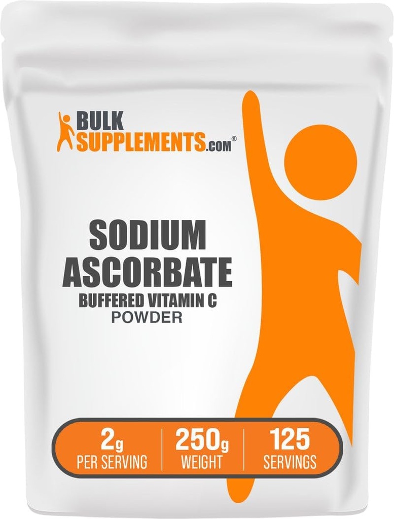 BulkSupplements.com Natriumascorbat pulver - til immunforsvar, Natriumascorbat C-vitamin - Buffered C-vitamin, Gluten Free, 2g per servering, 250g (8,8 oz) (pakning med 1)