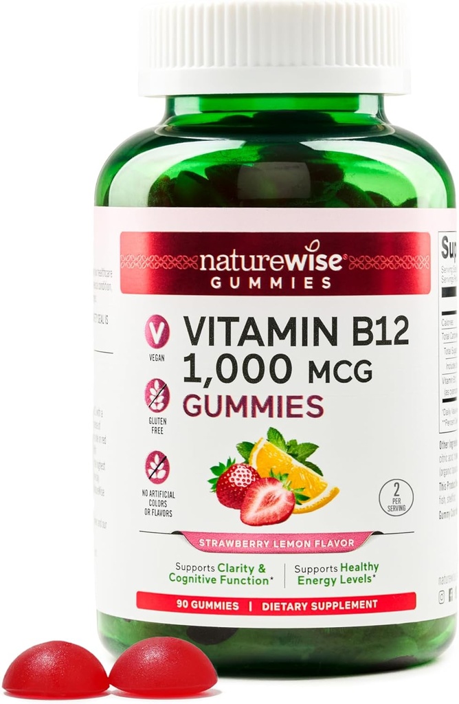 NatureWise Vitamin B12 Gummies for voksne, 1000 mcg - Strawberry Lemon Flavor - Understøtter Daglig energi, Mental Klarhed, Kognitiv funktion - Vegan, Gluten- Free, Non- GMO - 90 Greve [45-Day Supply]
