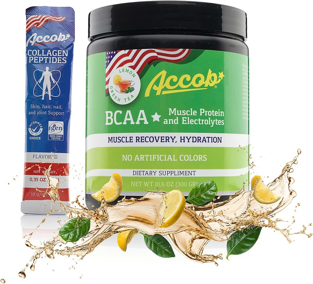 BCAA Powder Lemon Green Tea-Pre or Post Workout,Muscle Recovery Drink with Amino Acids + Electrolytes,7,2g BCCAs for Men and Women-30 Servings +10g of Collagen Peptides