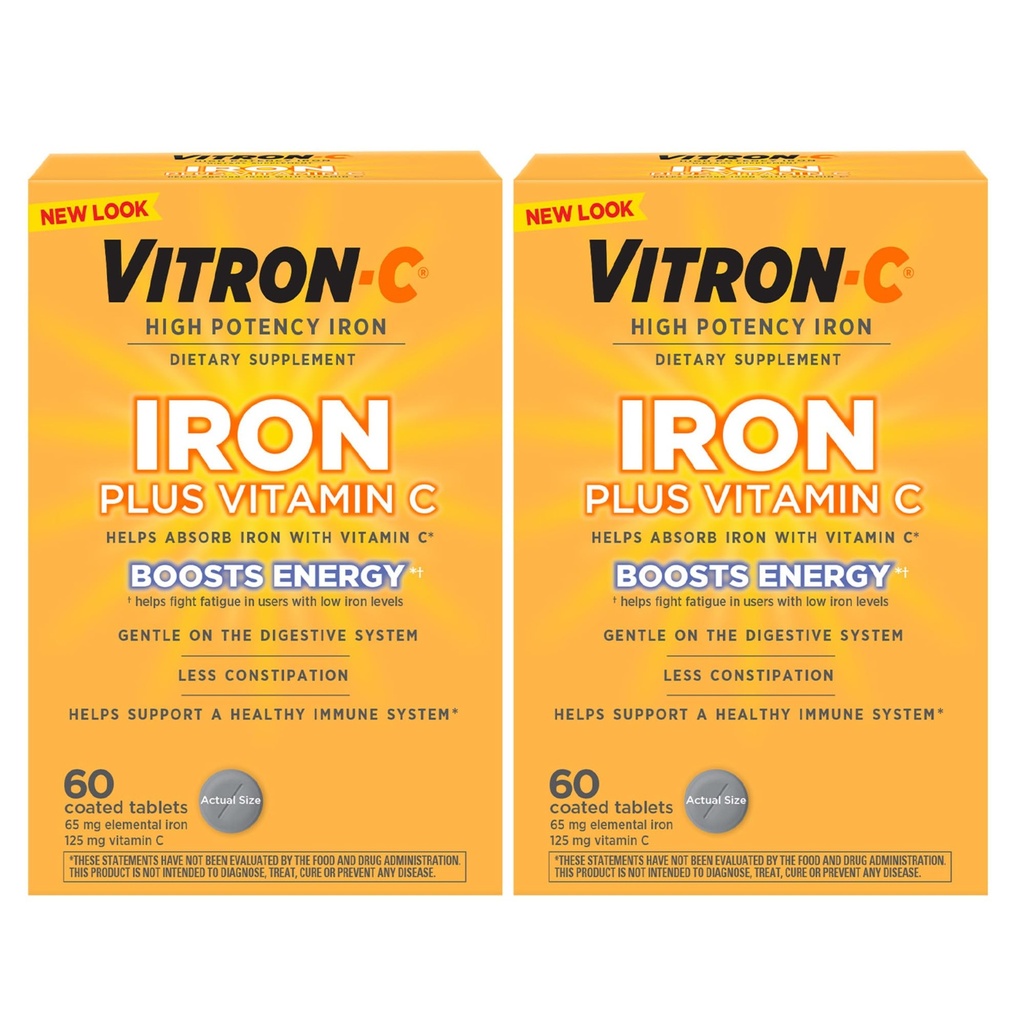 Vitron- C jerntilskud, én gang dagligt, høj potens Iron Plus C-vitamin, Support Red Blood Cell Production, Dye Free Tablets, 60 Greve, 2 Pack