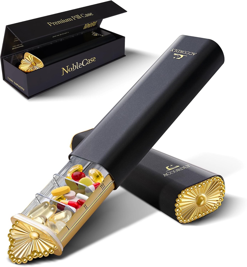 Premium Weekly Pill Organizer, 7-dages Compact Pill Case til purse, Letvægts Guld Aluminium Pill Box til vitaminer, Medicin, Kosttilskud, Luksus Wellness Gave