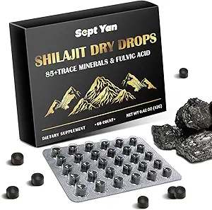 Shilajit Pure Himalayan Organic Dry Drops Shilajit Resin Supplement (60 tabletter - 200mg Hver), Shilajit til mænd Kvinder med 85 + spor Minerals & Fulvic Acid for Energy, Immunity, Brain Support