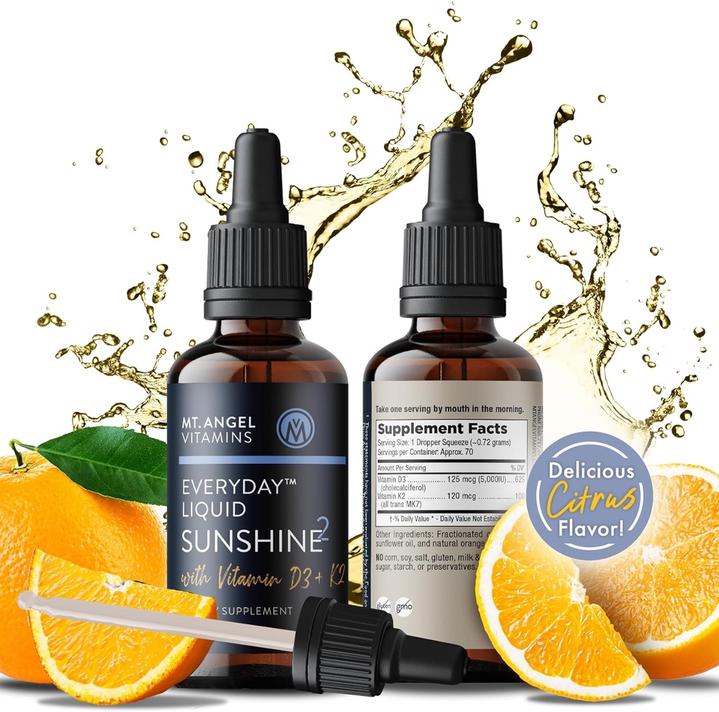 Mt. Angel Vitamin - Vegan Vitamin D3 & K2 Liquid Supplement - 5000 IE D3, Trans MK7 K2 - Gluten- Free, Non- GMO - Perfekt til voksne & Børn - Din daglige dosis af solskinsbrug