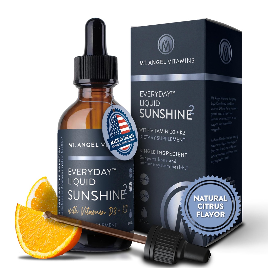 Mt. Angel Vitamin - Vegan Vitamin D3 & K2 Liquid Supplement - 5000 IE D3, Trans MK7 K2 - Gluten- Free, Non- GMO - Perfekt til voksne & Børn - Din daglige dosis af solskinsbrug