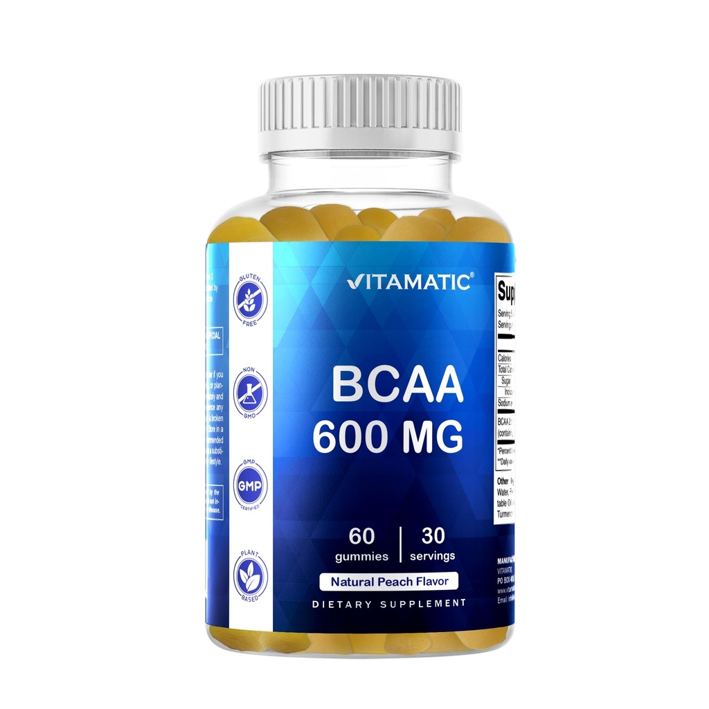 Vitamatisk BCAA Gummies - Branch Chain Aminosyretilskud - Peach Flavor - 600mg per servering - 60 Vegan Pectin baseret Gummies (1 flaske)