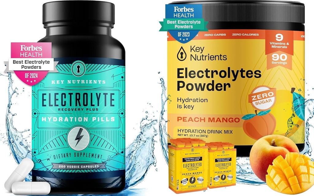 KEY NETRIENSER Hydration & Energy Electrolyte Bundle - Electrolyte Tablets & Tropical Peach Mango Multivitamin Powder, sukkerfri