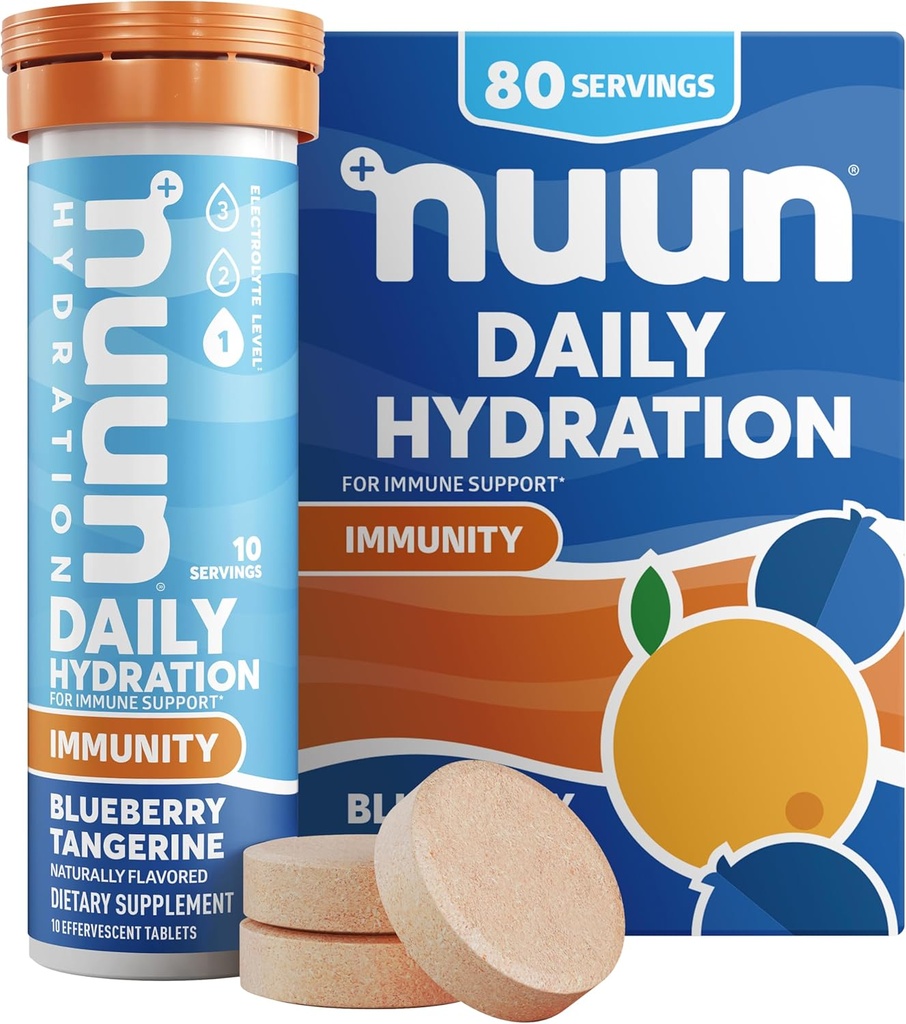 Nuun Immunity Electrolyte Tablets with Vitamin D, C, E, & A, Ingefær, Elderberry, Magnesium & 4 Andre essentielle elektrolytter, Vegan, Blåbær Tangerin, 8 Pack (80 Servere i alt)