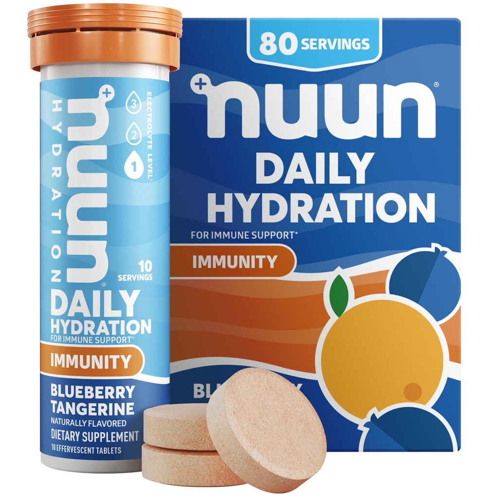 Nuun Immunity Electrolyte Tablets with Vitamin D, C, E, & A, Ingefær, Elderberry, Magnesium & 4 Andre essentielle elektrolytter, Vegan, Blåbær Tangerin, 8 Pack (80 Servere i alt)