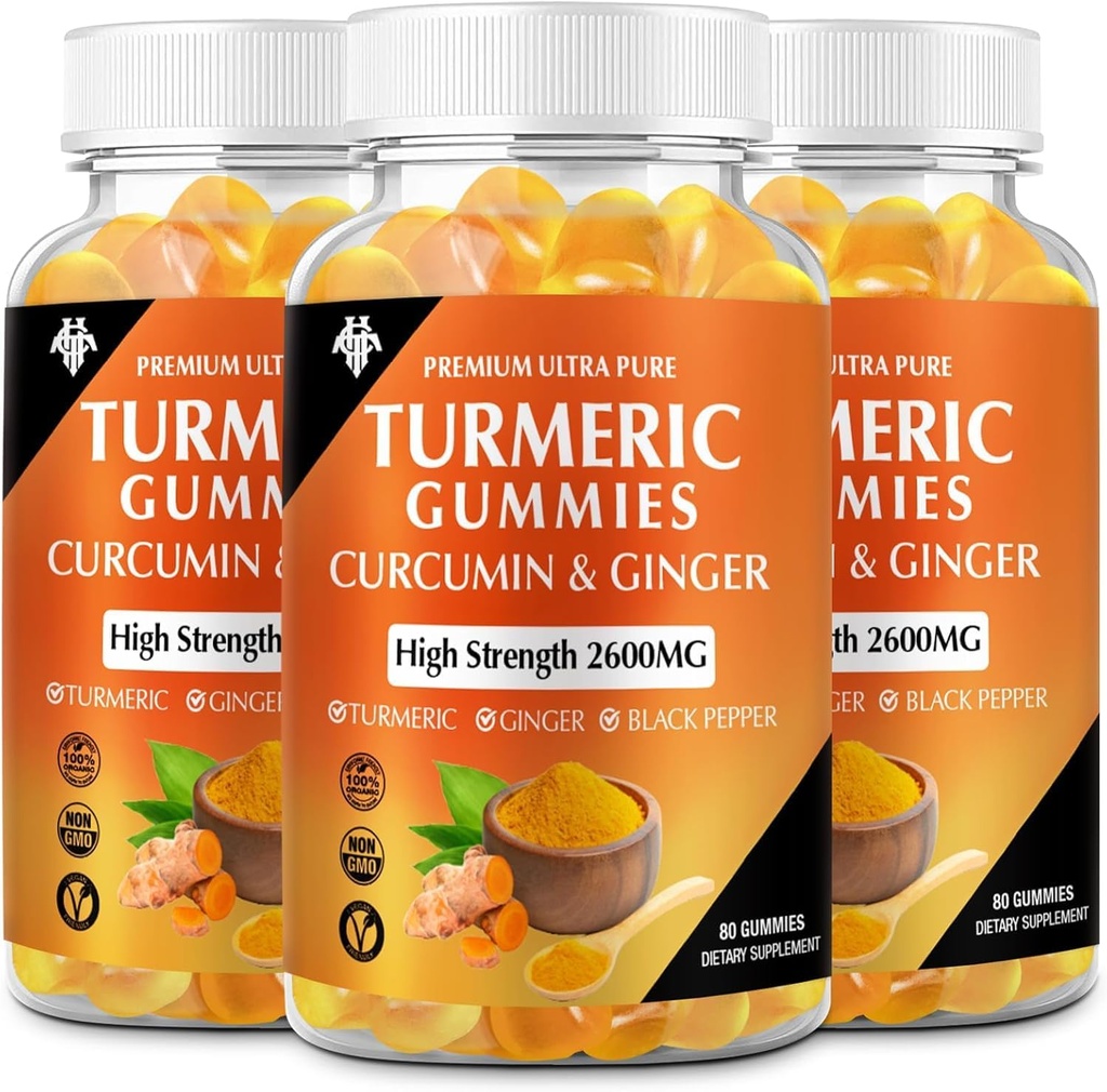 Turmeric Curcumin Gummies (3 Pack) - Turmeric Curcumin Supplements with Ginger & Black Pepper Gummies for Immune Muscle Support Healthy Skin - Vegan, Gluten Free, Low Sugar - for Adults