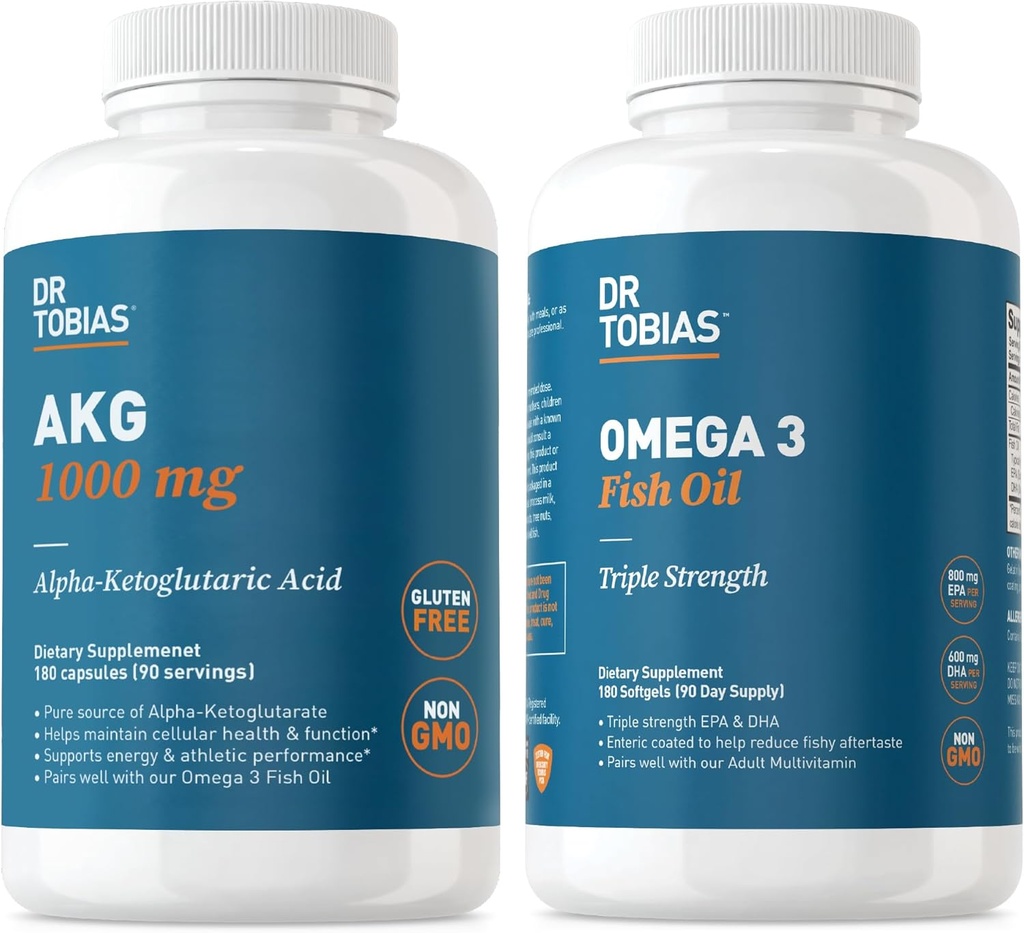 Dr. Tobias AKG Supplement & Omega 3 Fish Oil, Support Cellular Energy & Samlet sundhed med AKG og Triple- Strength Omega 3 EPA & DHA, Non- GMO