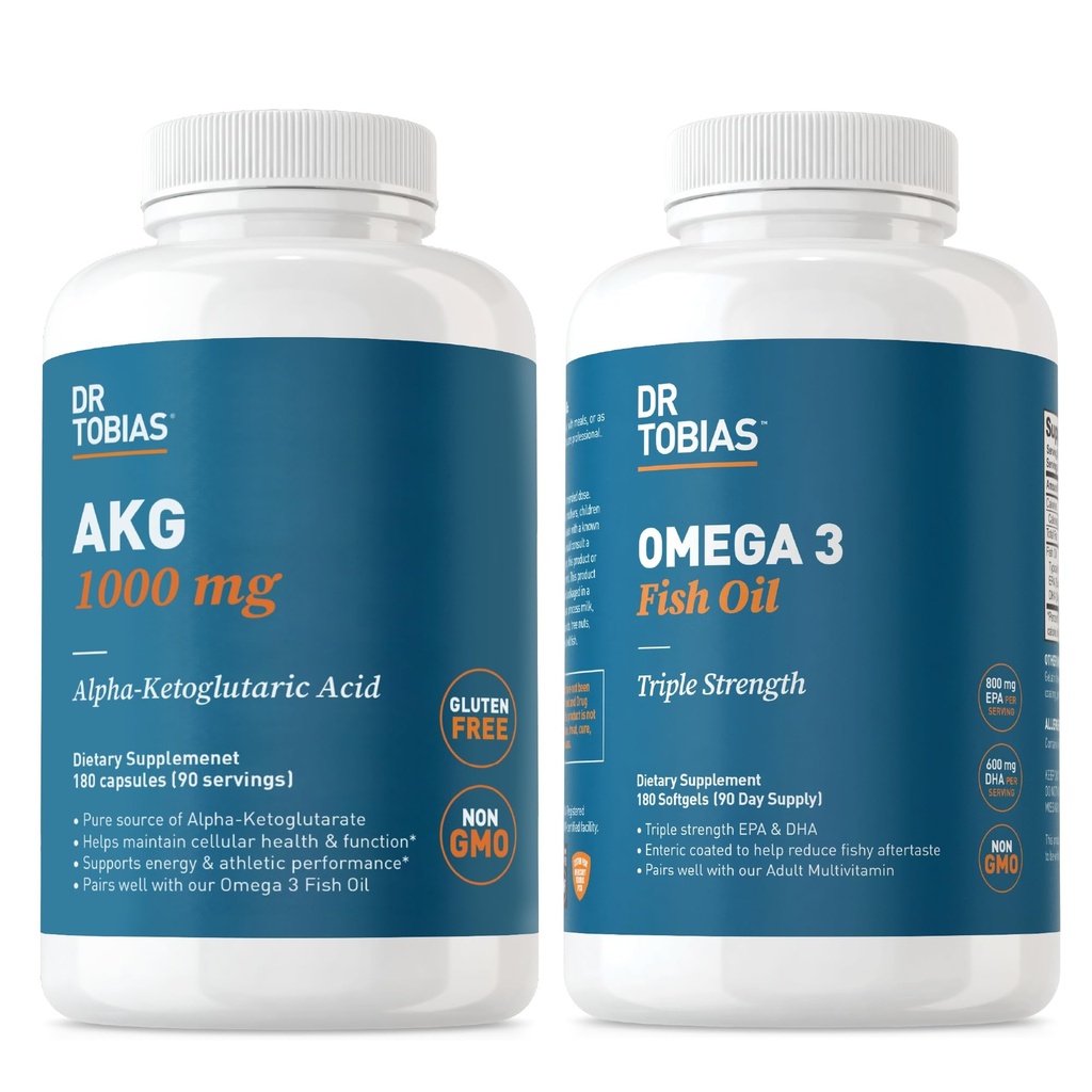 Dr. Tobias AKG Supplement & Omega 3 Fish Oil, Support Cellular Energy & Samlet sundhed med AKG og Triple- Strength Omega 3 EPA & DHA, Non- GMO