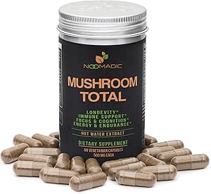 Noomadic Mushroom Total, 60 kapsler, 500mg, 30% Beta glucans, Adaptogen Mushroom Kompleks af Lions Mane, Tyrkiet Hale, Chaga, Reishi, Cordyceps, Hot Water Extract, Fruiting Kroppene.