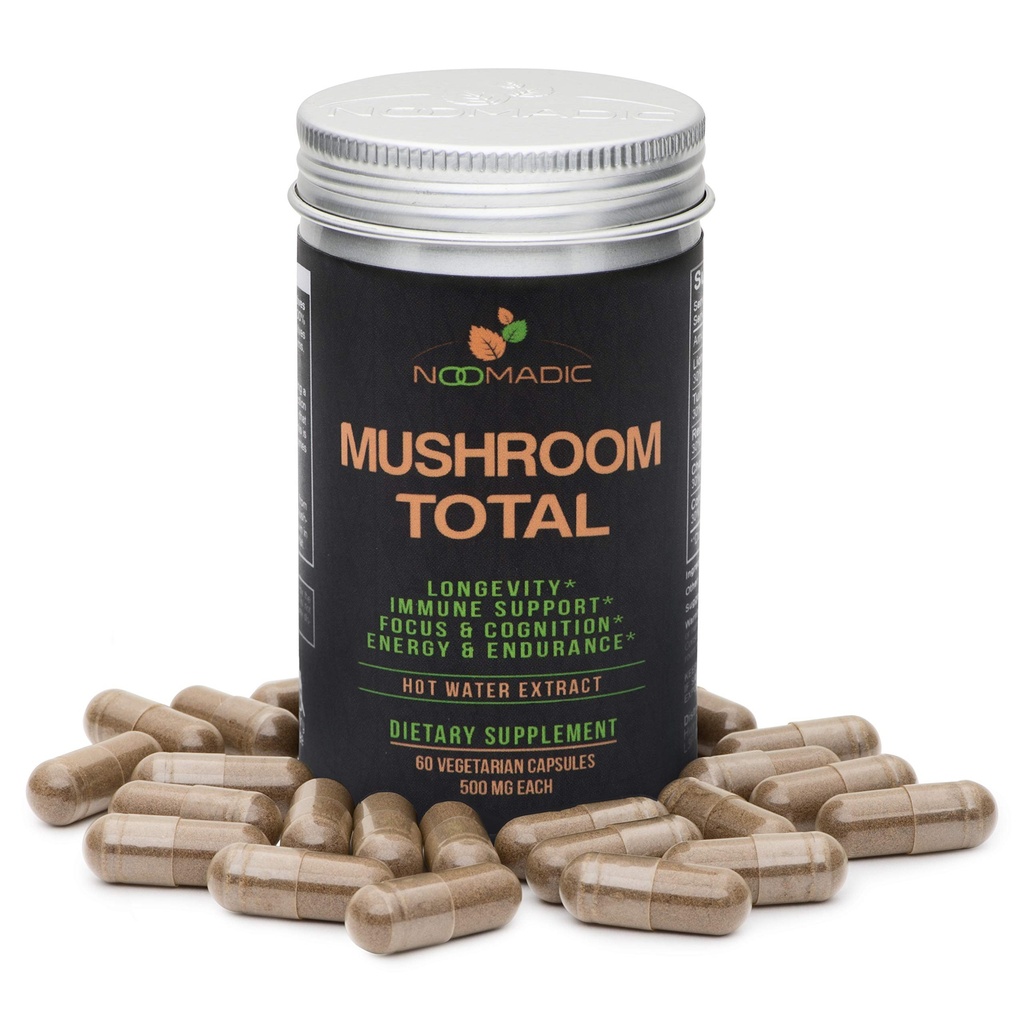 Noomadic Mushroom Total, 60 kapsler, 500mg, 30% Beta glucans, Adaptogen Mushroom Kompleks af Lions Mane, Tyrkiet Hale, Chaga, Reishi, Cordyceps, Hot Water Extract, Fruiting Kroppene.