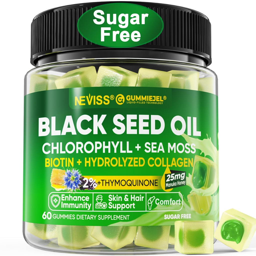 Black Seed Oil Gummies, Chlorophyll & Sea Moss Supplement 500mg, Biotin 500mcg med hydrolyseret kollagen til hud, hår & negle, Vit E, C, Zink til den samlede sundhed, Organic Cold Pressed, High Absorption
