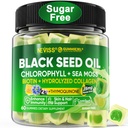 Black Seed Oil Gummies, Chlorophyll & Sea Moss Supplement 500mg, Biotin 500mcg med hydrolyseret kollagen til hud, hår & negle, Vit E, C, Zink til den samlede sundhed, Organic Cold Pressed, High Absorption