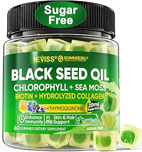 Black Seed Oil Gummies, Chlorophyll & Sea Moss Supplement 500mg, Biotin 500mcg med hydrolyseret kollagen til hud, hår & negle, Vit E, C, Zink til den samlede sundhed, Organic Cold Pressed, High Absorption