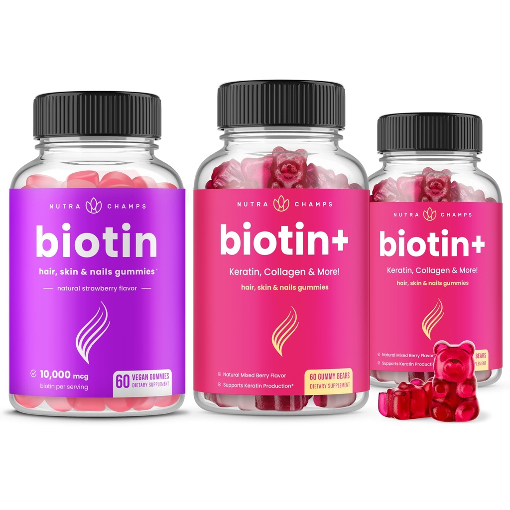NutraChamps Complete Biotin Bundle til hår, hud og negle. Biotin & Biotin +