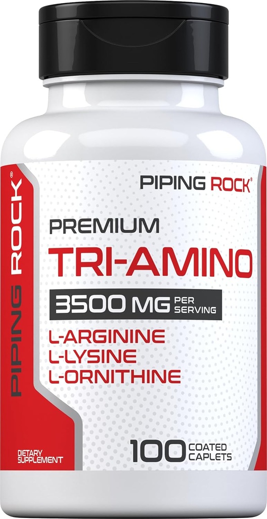 Piping Rock Tri Amino Supplement 124; 100 Caplets ttesmå 124; Kompleks med L- Arginin, L- Ornithin, L- Lysin • 124; Vegetar, Non- GMO, Gluten Free