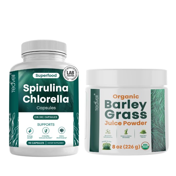 Teaveli Spirulina og Chlorella Kapsler og Orgaic Barley Grass Juice Powder Bundle
