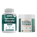 Teaveli Spirulina og Chlorella Kapsler og Orgaic Barley Grass Juice Powder Bundle