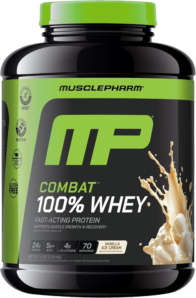 MusclePharm Combat 100% Whey Protein Powder, Vanilla Flavor, Hurtig Inddrivelse & Muscle Gain med Whey Protein Isolate, High Protein Powder for kvinder & mænd, Gluten Free, 5 LB, 70 Servere