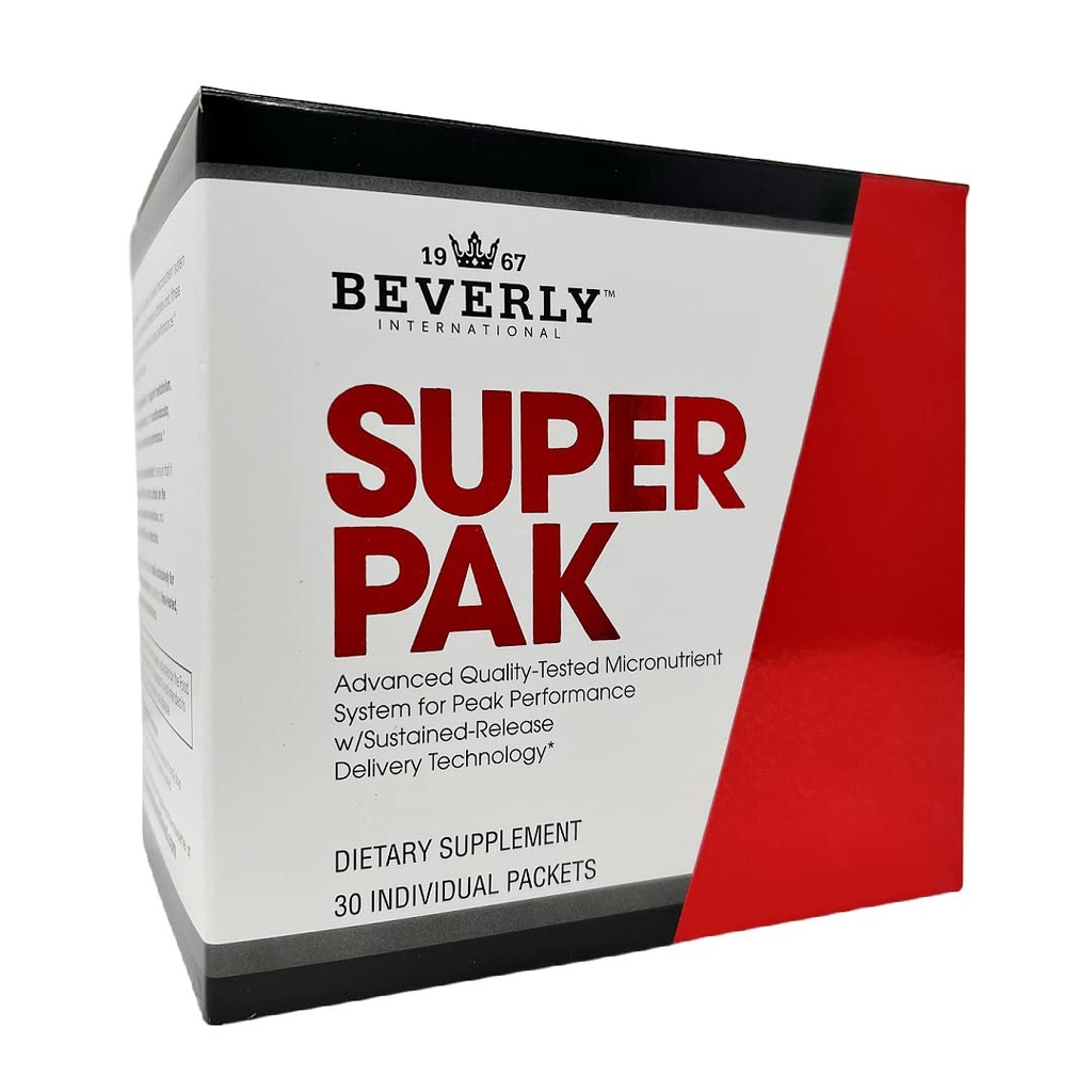 Beverly International Super Pak. 30 pakker. High- Potency Multivitamin, Daily Pack for Energy, Performance, Immunsystemet Sundhed. Tilpasset til atleter, aktive mænd og kvinder siden 1970.