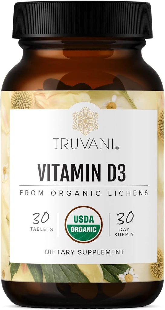 Truvani Organic Vitamin D3 - Plant- baseret, USDA Organic, Gluten- Free, Non- GMO, Vegan D3 Supplement - Understøtter ben, immun- og hjernesundhed - 30 tabletter