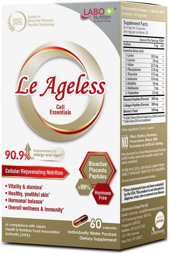 LABO Nutrition Le Agured - Placenta Cell Foryngende terapi fra Japan - Forbedret med Collagen Peptid og Brewer 's Gær til Understøtter immunsundhed, hudregeneration, Anti- Aging - 60 kapsler