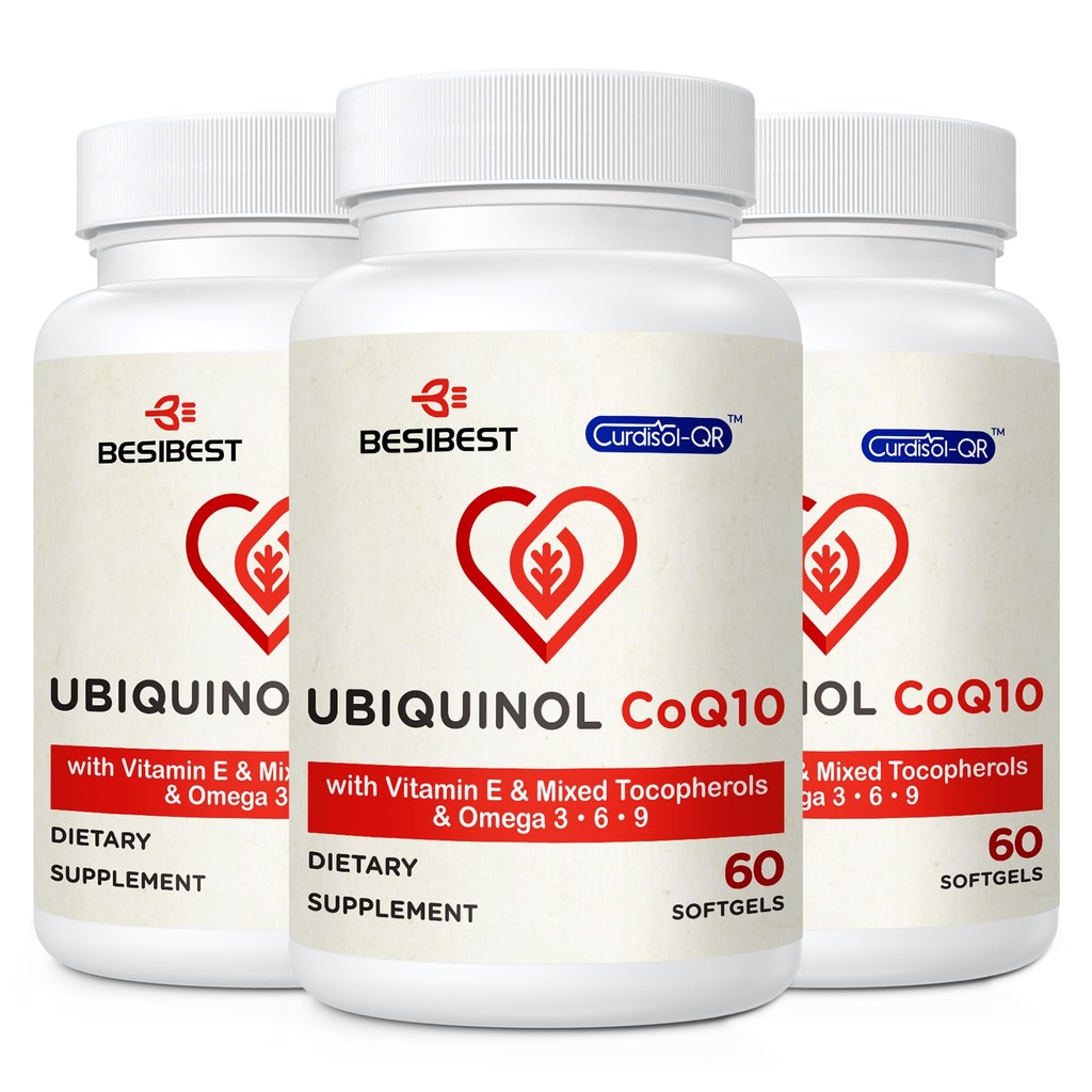 Ubiquinol CoQ10- 600mg- Softgel, Active Coq10 Ubiquinol Supplement med vitamin E & Omega 3, 6, 9, Høj Absorption- Coenzyme- Q10, Kraftfuld Antioxidant til energiproduktion, Testet, 180 Tæl