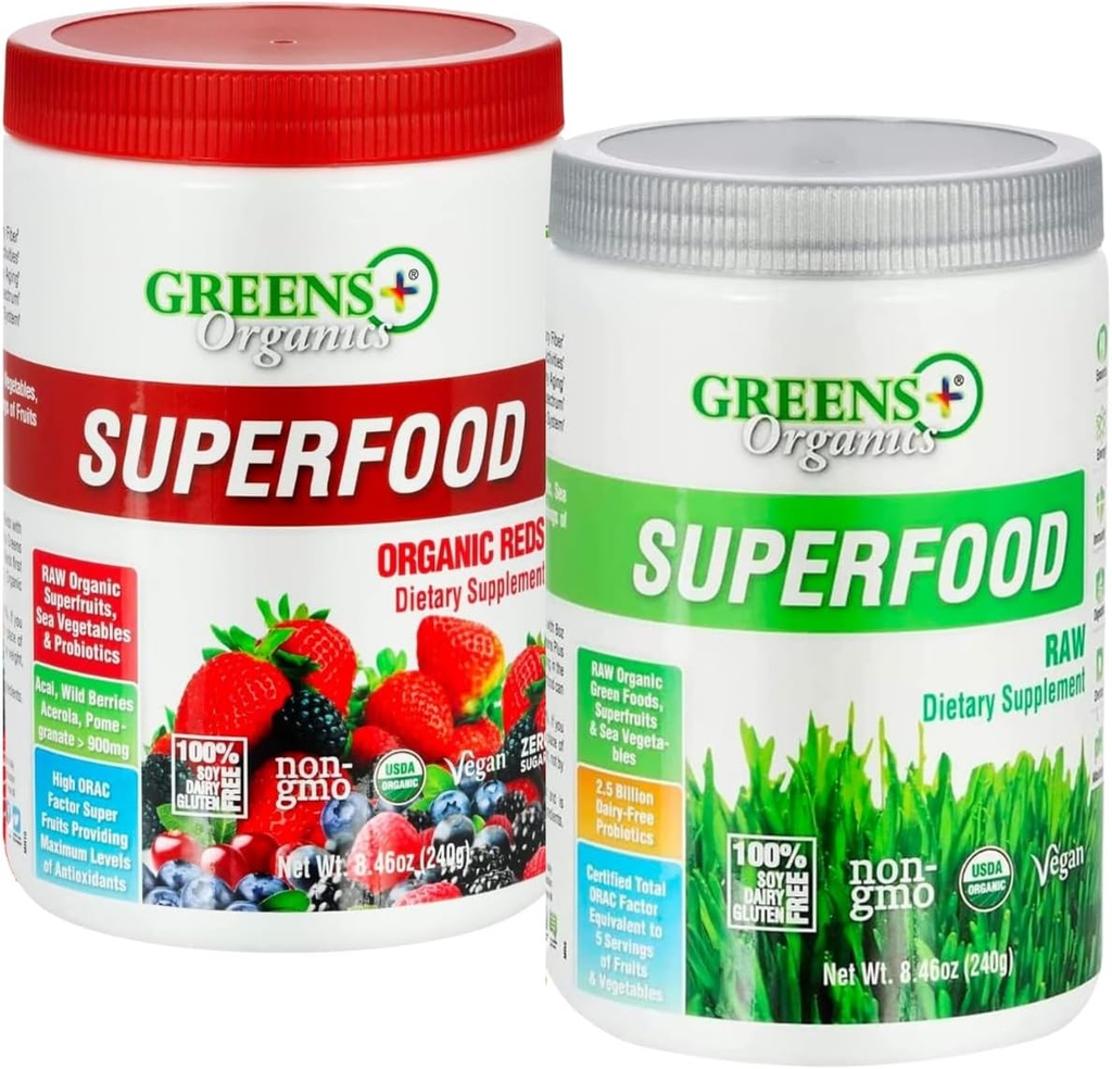 Green + Organic Red Superfood Powder Organic RAW Superfood Powder Immunsupport Energy Boost, Nutrition, Vibrant Health, Kosttilskud, Vegan, Soy / Dairy / Gluten Free