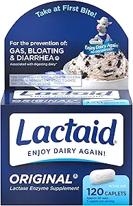 Lactaid Original Strength Lactose Intolerance Relief Caplets med Natural Lactase Enzyme, Kosttilskud til at hjælpe forebygge gas, Bloating & Diarré På grund af laktosefølsomhed, 120 te