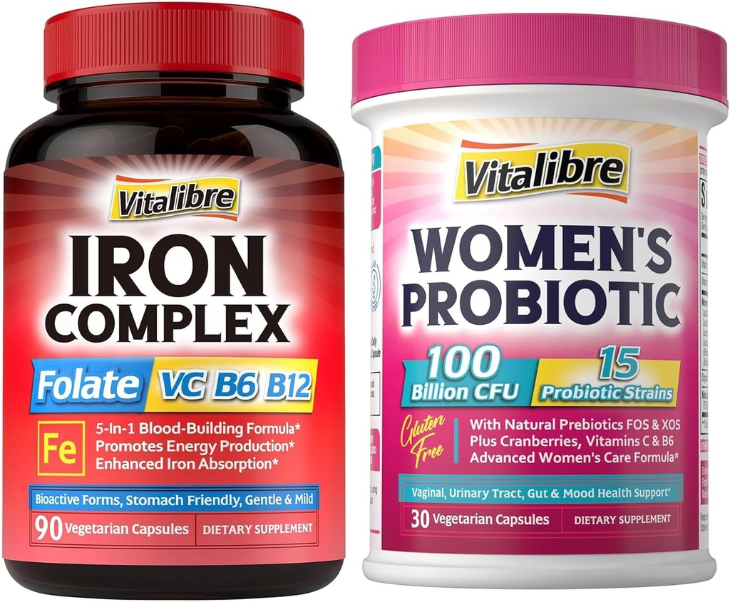 Iron Supplement for Women & Men 90Caps & Vitalibre Probiotics for Women 100 Billion CFU 15 Strains