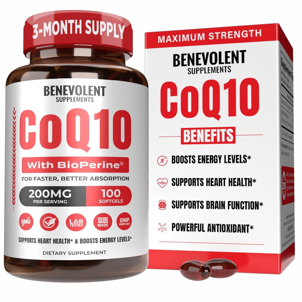 Benevolent Pure CoQ10 200mg Softgels med BioPerine ® til Max Absorption, Ubiquinone Coenzym Q10 Supplement for Heart Health, Energy Production, Sund Aging & Antioxidant Support, 100 Softgels
