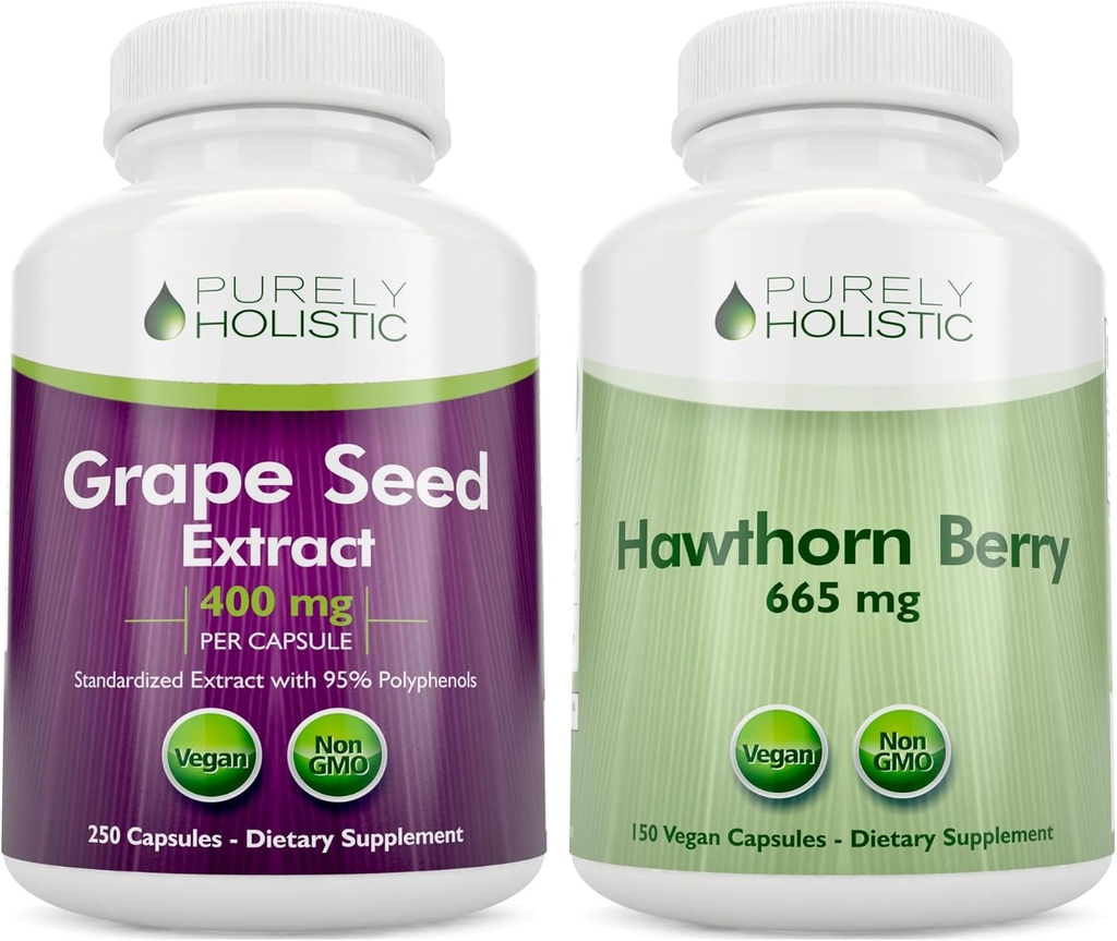 Rent holistiske Grape Seed Extract 400mg + Hawthorn Berry 665mg Bundle - 400 Vegan Kapsler - Made in USA