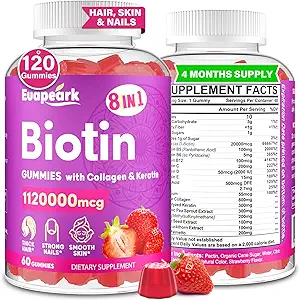 Biotin Gummies for kvinder og mænd, 8 i 1 Økologisk Formel, Max Strength Biotin og Collagen Gummies med Keratin, Folsyre & Vitaminer, for hårvækst, hud og negle tillæg, Sukker fri, 120 Tæl