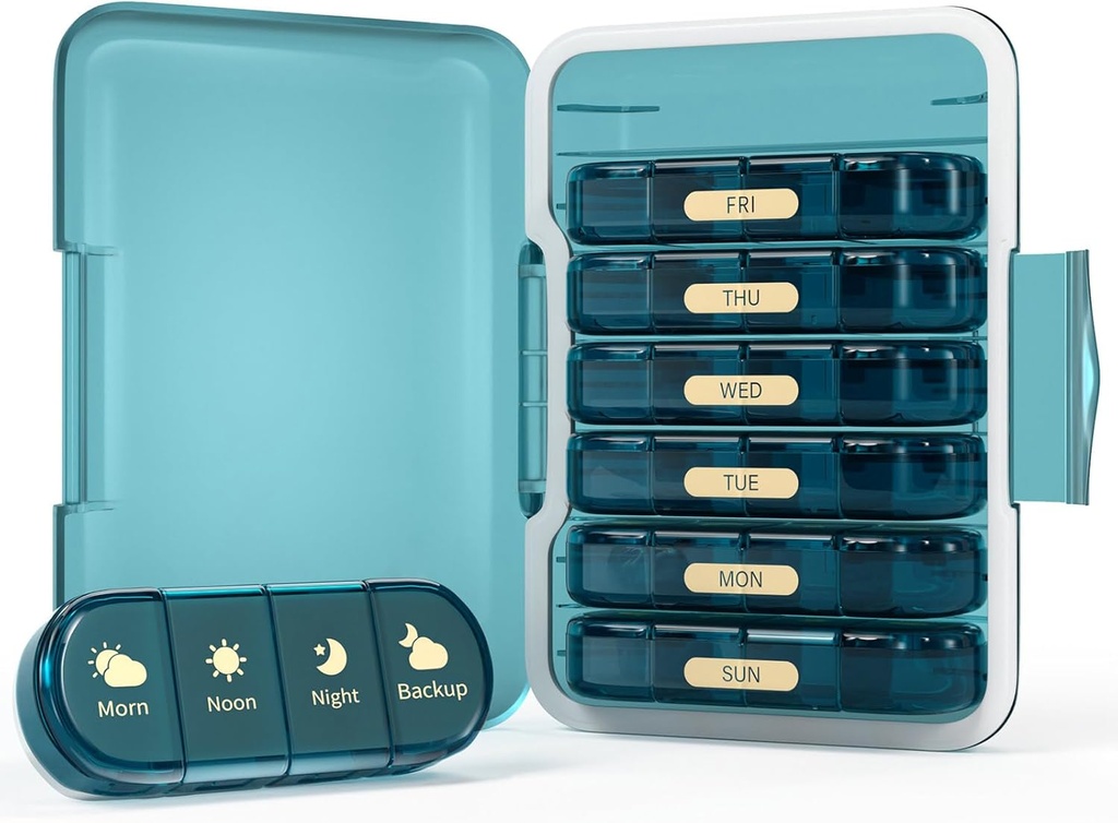 Ugentlig Pill Organizer 4 gange om dagen, 7 dages Pill Box 4X, Portable for Travel Pill Case for Pills / Vitamin / Fish Oil / Medicin / Kosttilskud (4x7 Blå)