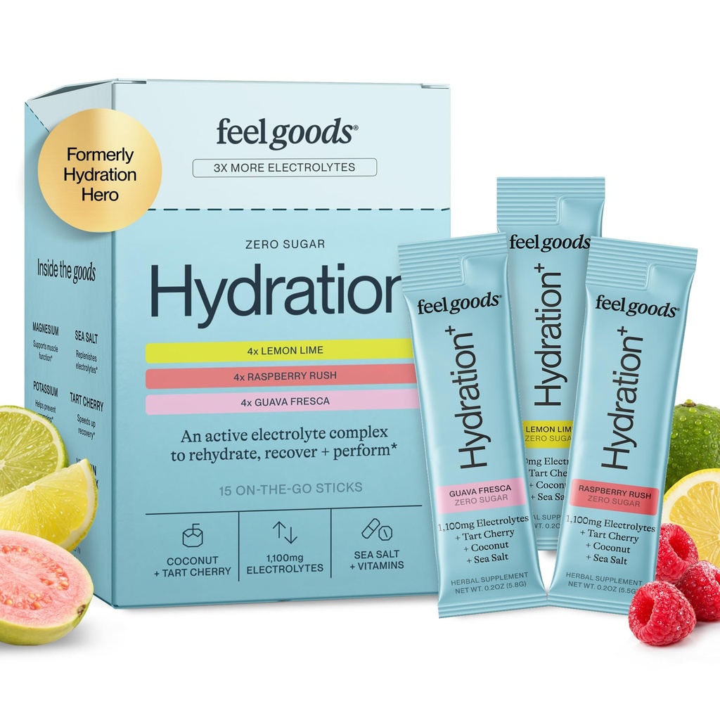 Feel Goods Hydration Hero, Variety Pack, 1.000mg Electrolytes Powder, Sugar Free, Magnesium, Organic Aloe Vera, L Theanine, C-vitamin, Vegan, Non GMO, On the Go Electrolyte Packets, 12 Greve