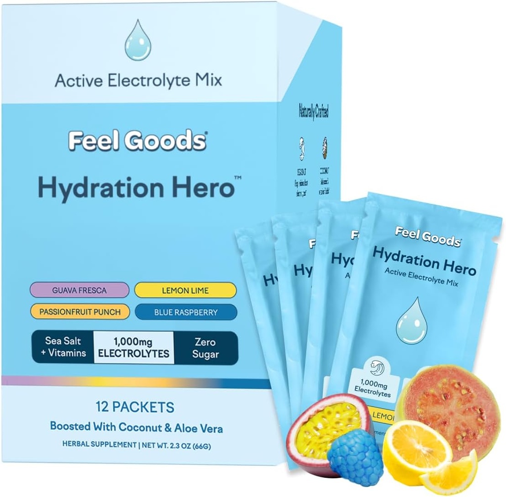 Feel Goods Hydration Hero, Variety Pack, 1.000mg Electrolytes Powder, Sugar Free, Magnesium, Organic Aloe Vera, L Theanine, C-vitamin, Vegan, Non GMO, On the Go Electrolyte Packets, 12 Greve