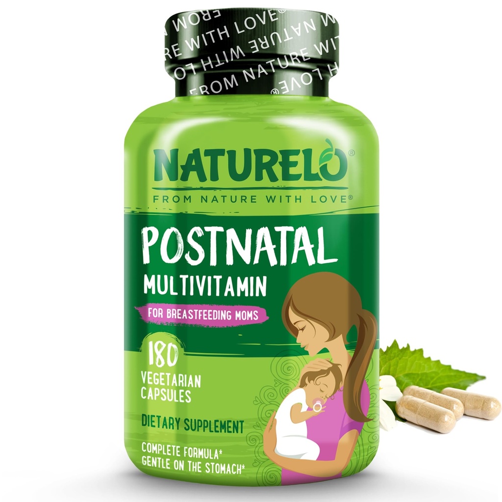 NATURELO Postnatal Multivitamin - supplement til amning Kvinder - Plante-baserede D-vitamin, Folate, Gentle Iron - til ammende mor, baby - Post Natal Amning Support 180 kapsler