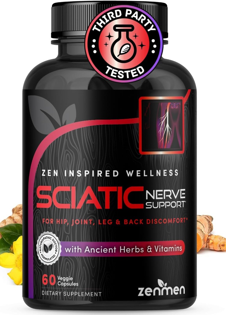 Sciatic Nerve Support Capsules - Administrer nederste ryg, fælles & ben spørgsmål - Vitamin B1, B6, B12 & Magnesium med naturlige urter - 60 Vegan Kapsler, Tredjeparts testet, 30 dages levering, Made in The USA