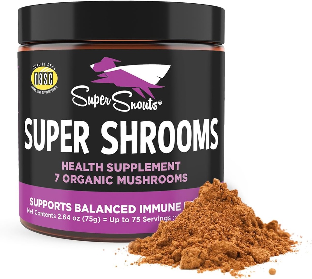 Super snouts Super svampe Mushroom immunsupport supplement til hunde og katte, 2.64 oz - Made in USA Organic Non- GMO, Immunsundhed for stærk immunitet, 7 Mushroom Blend Powder