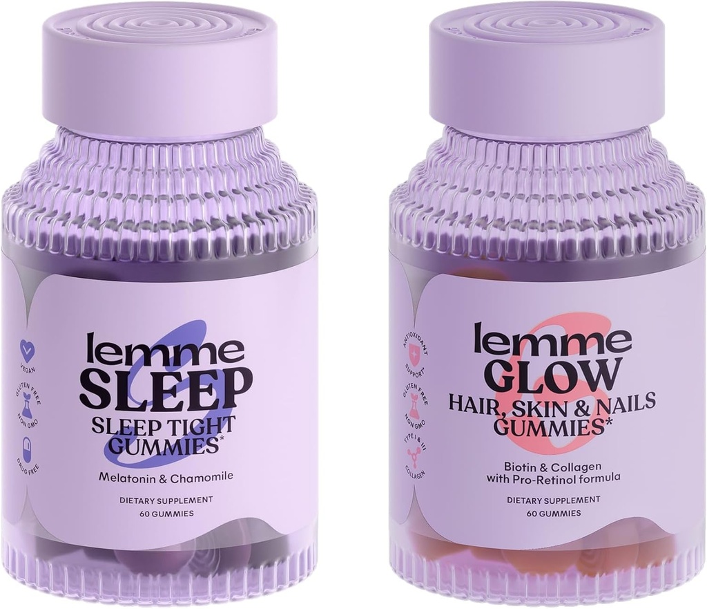 Lemme Sleep & Glow Bundle - Sleep Gummies, a Drug-Free Nighttime Aid & Glow Biotin & Collagen Hair Gummies for Strong, Thick Hair & Reduced Shedding - Gluten/Gelatin Free, Non-GMO - 60 Ct. Each