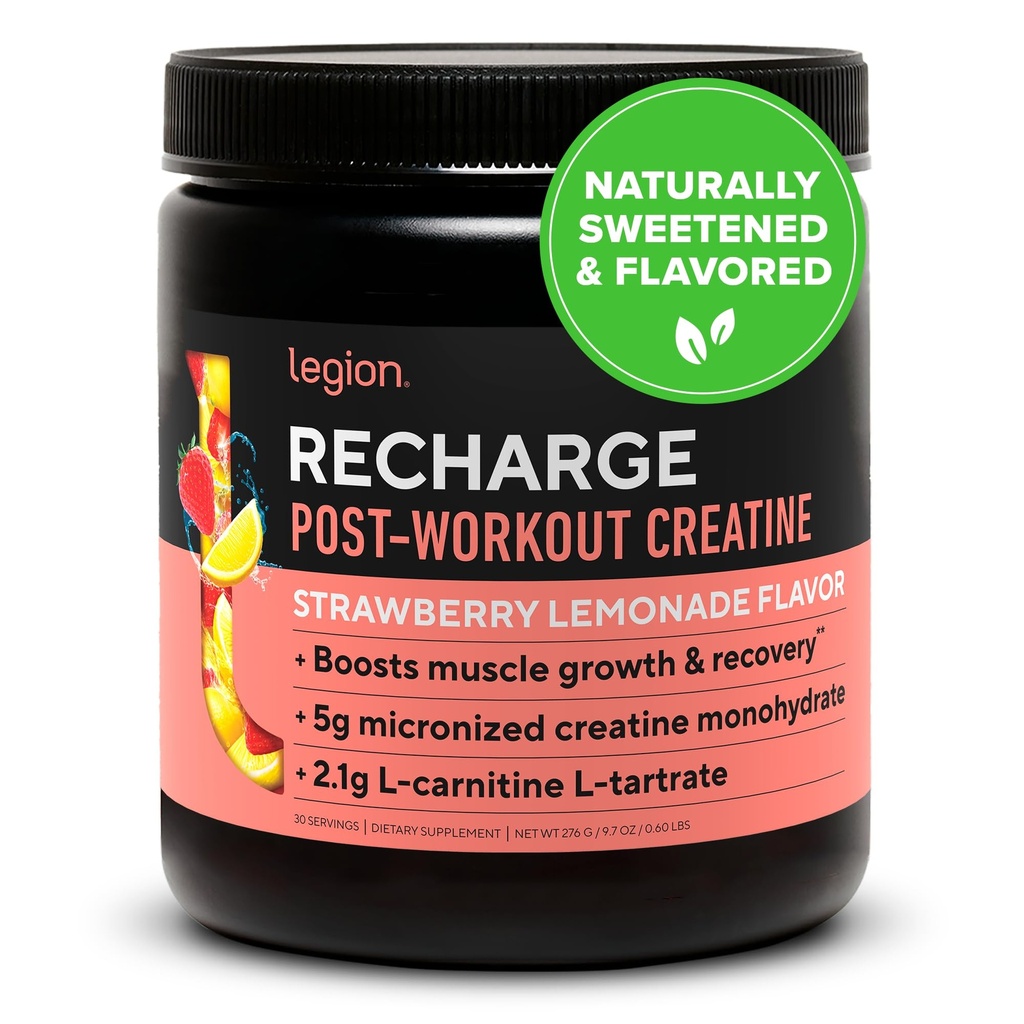 LEGION Recharge Post Workout Drink - Mikroniseret Creatin Monohydrat Natural Post Workout Recovery Drink - Muscle Builder & Recovery Booster Post Workout Kosttilskud (Strawberry Lemonade, 30 Servering)