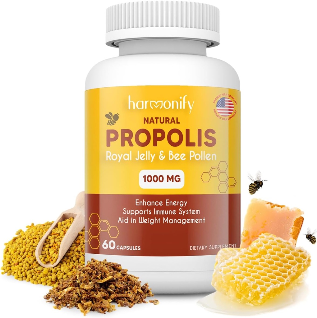 Bee Pollen Propolis Royal Jelly Extract med Carob, Pure immunsupport, Glutenfri, Vegetariske Kapsler, 1000 mg