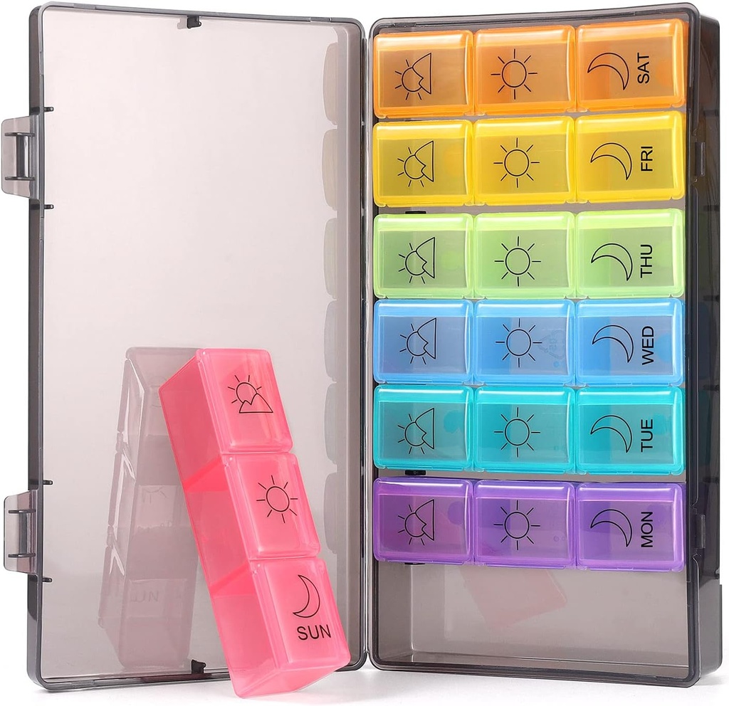 Ugentlig Pill Organizer 7 Dag 3 gange, Bærbar Pill Organizer, BPA Free Pill Case, Rejser Daily Pill Box Reminder, Medicin Organizer til vitaminer, Kosttilskud (Rainbow)