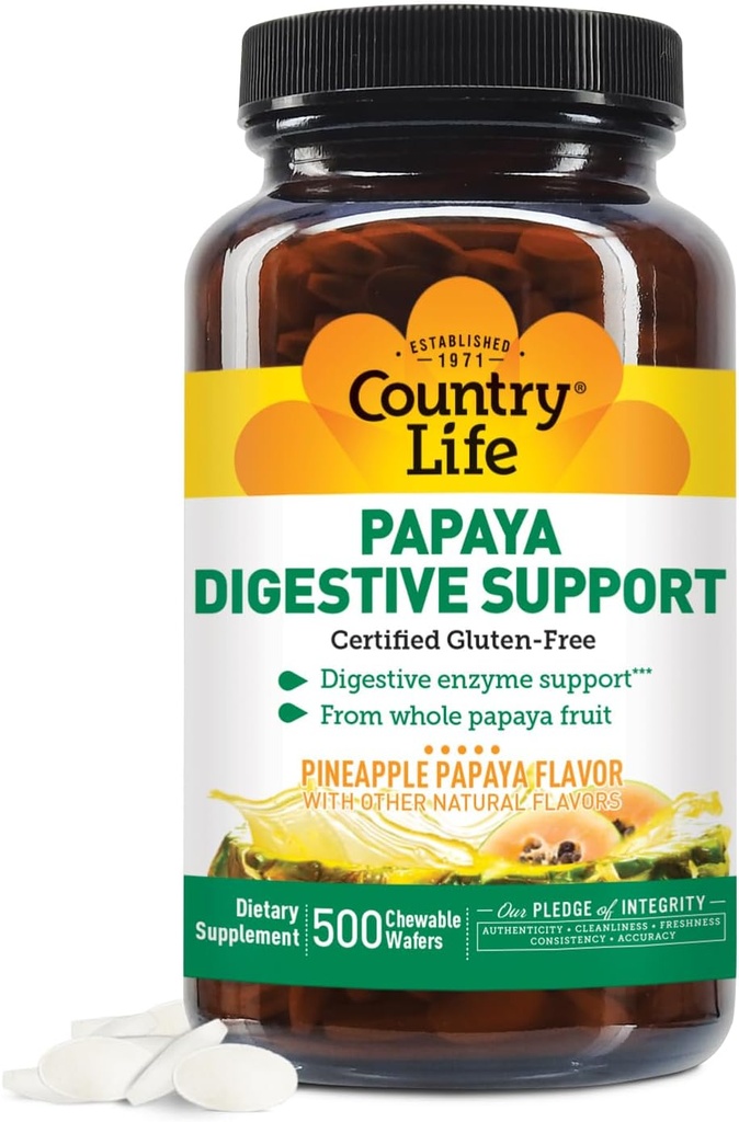 Country Life Chewable Papaya Enzymes for Digestion Support - Natural Pineapple & Papaya Flavor, Assists with Nutrient Absorption, Contains Papain & Protease - 200 and 500 Wafers Available