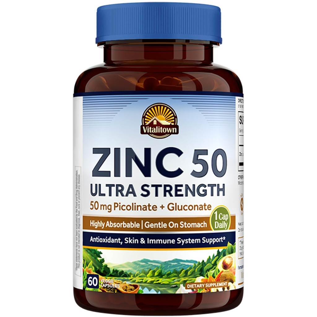 Vitalitown Chelated Zink 50 mg, Zinkpicolinat & Gluconat, 60 Veggie kapsler, Well- Absorberet, immunsystem, Sund Hud & Udvikling, Vegan, NO Gluten, Non- GMO